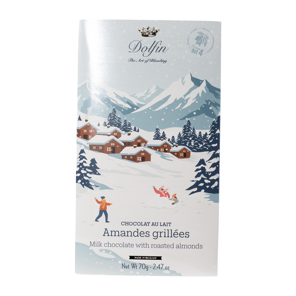 Dolfin Vollmilchschokolade mit gerösteten Mandeln, 70-g-Tafel mit Winterdorf-Motiv