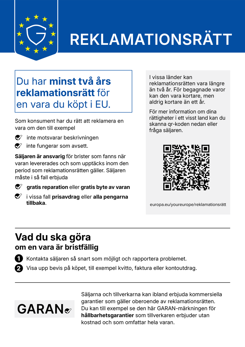 Reklamationsrätt – Du har minst två års reklamationsrätt för en vara du köpt i EU.