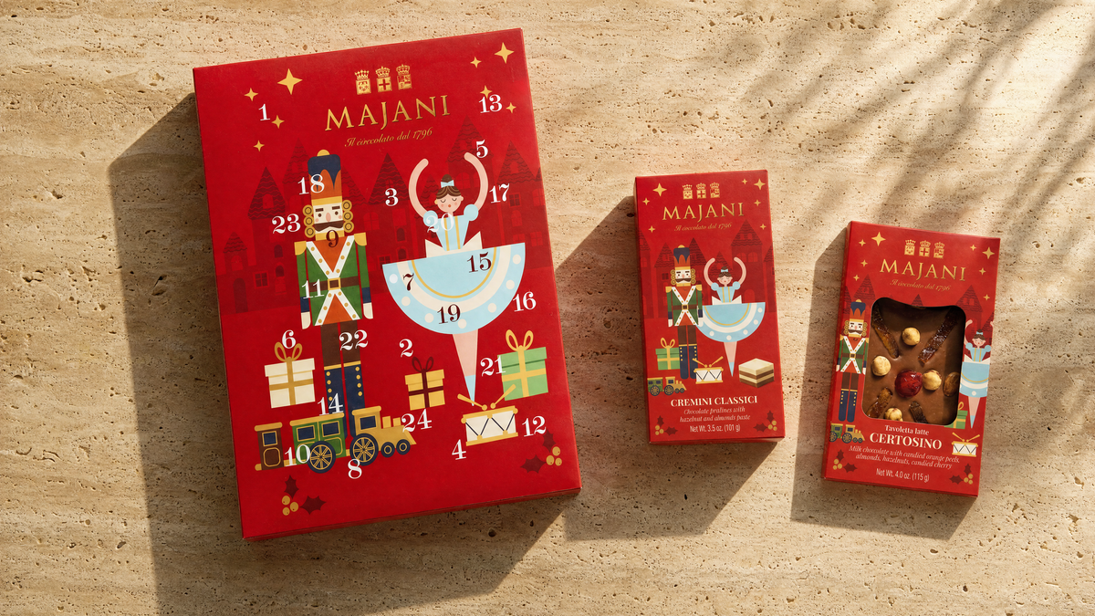 Majani Adventskalender, Fiat Cremino und Certosino-Tafel auf Travertin