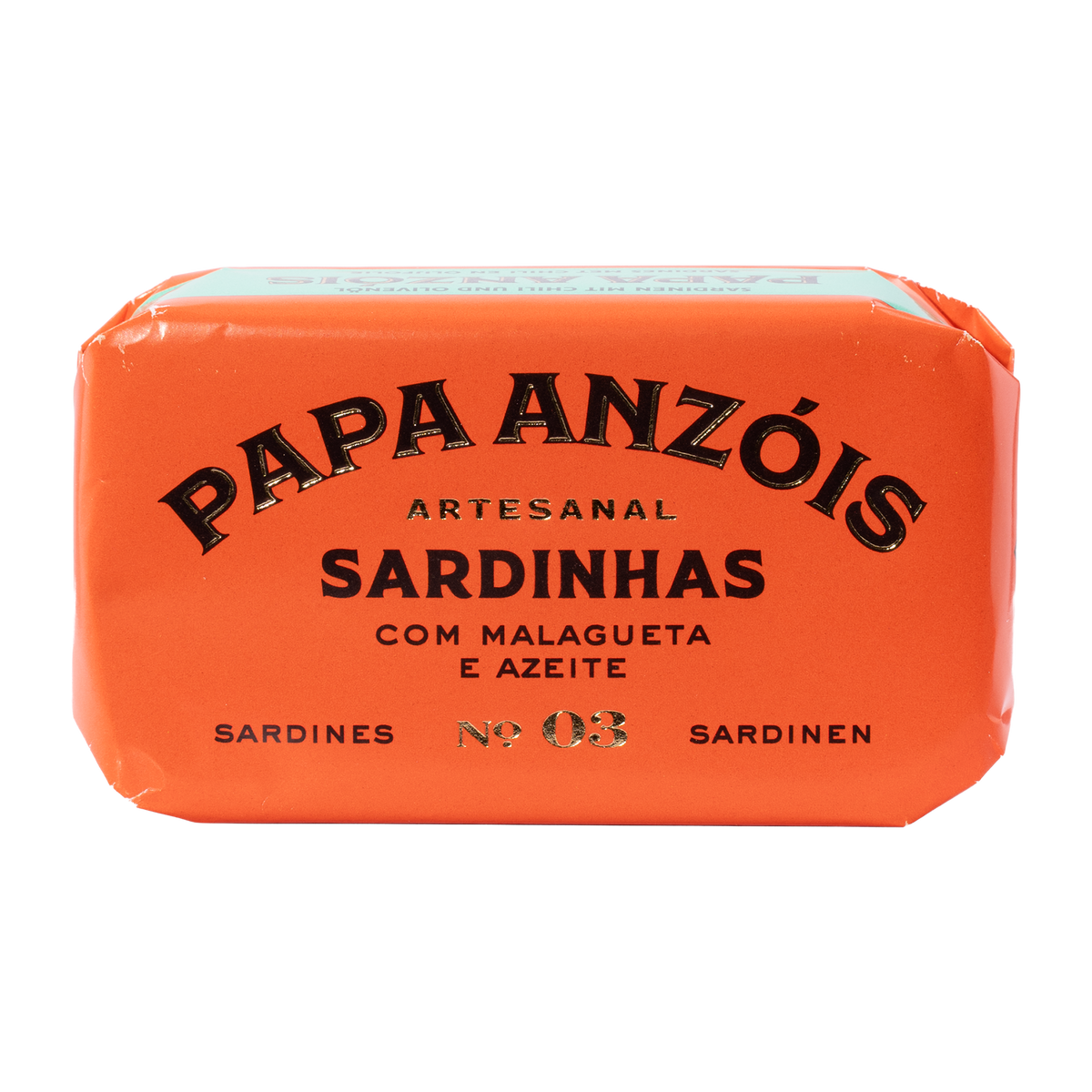 Papa Anzóis Sardinen mit Chili und Olivenöl, Dose in buntem Papier